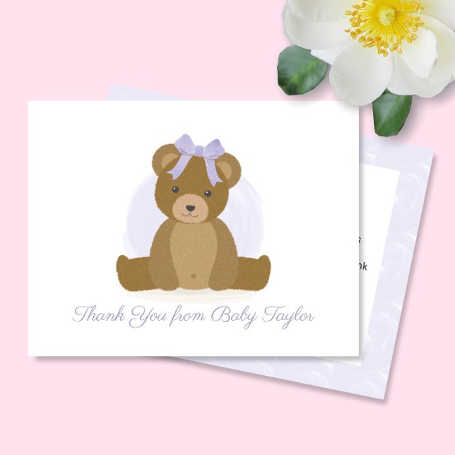 Niedlicher Teddy Bär mit Lila Bow Baby Girl Dusche Dankeskarte (Von Creator hochgeladen)