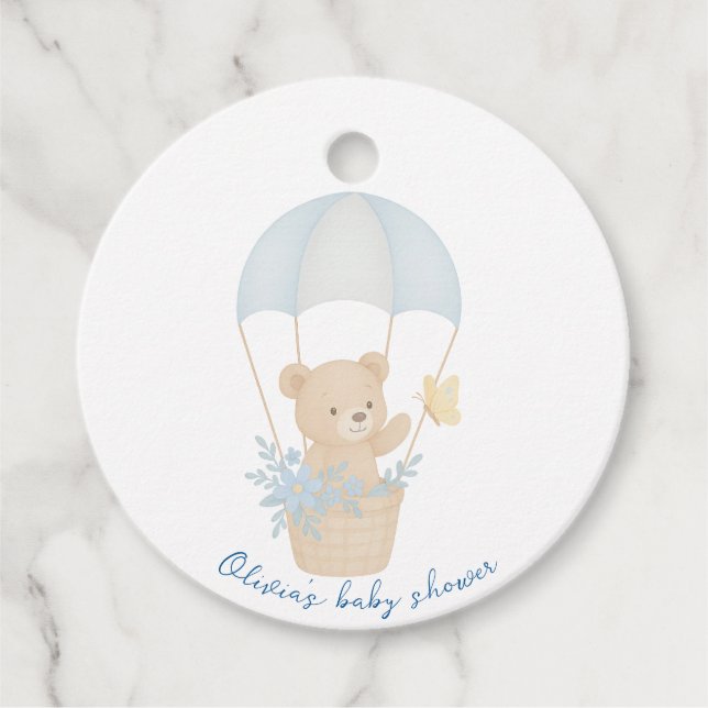 Niedlicher Teddy Bär mit Parachute Baby Dusche Geschenkanhänger (Vorderseite)