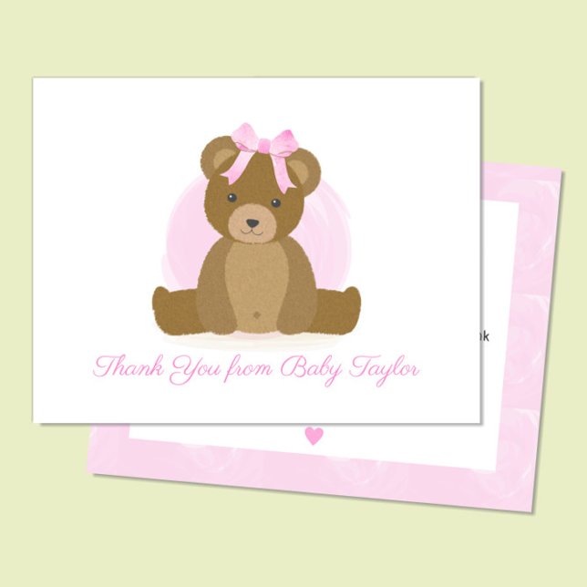 Niedlicher Teddy Bär mit Pink Bow Baby Girl Dusche Dankeskarte (Von Creator hochgeladen)