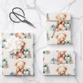 Niedlicher Teddy Bär mit Weihnachtsgeschenk Muster Geschenkpapier Set