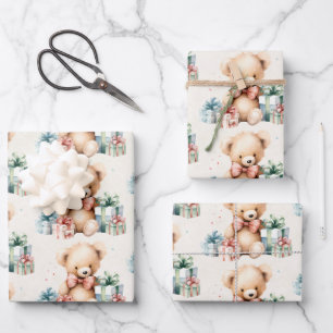 Niedlicher Teddy Bär mit Weihnachtsgeschenk Muster Geschenkpapier Set