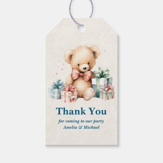 Niedlicher Teddy Bär mit Weihnachtsgeschenken Viel Geschenkanhänger (Vorderseite)