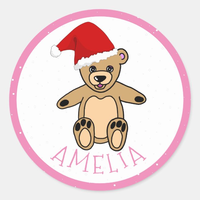 Niedlicher Teddy Bär mit Weihnachtsmannmütze Weihn Runder Aufkleber (Vorderseite)