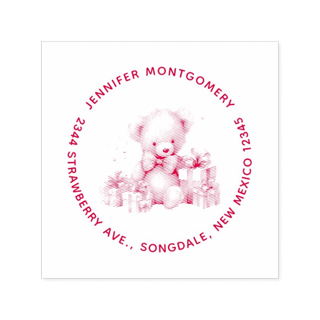 Niedlicher Teddy Bär mit Weihnachtsvorstellungen A Permastempel (Design)