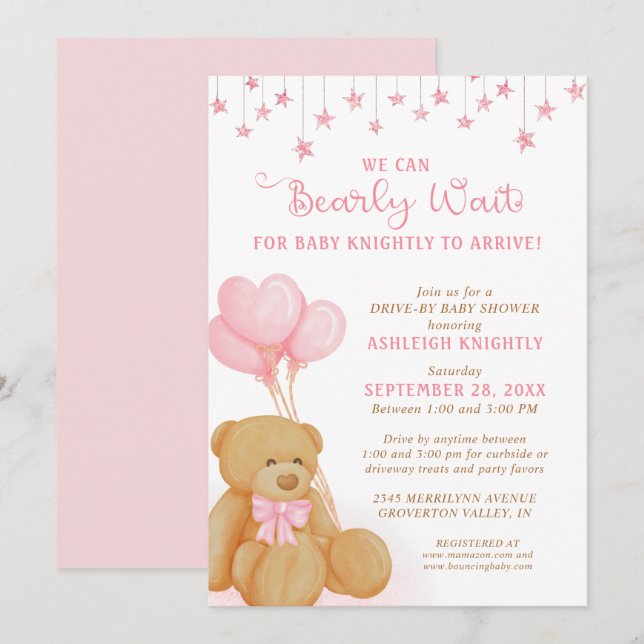 Niedlicher Teddy Bär Pink Balloons Drive mit Babyd Einladung (Vorne/Hinten)
