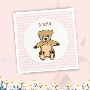 Niedlicher Teddy Bär Pink Kids Name Geburtstagspar Serviette