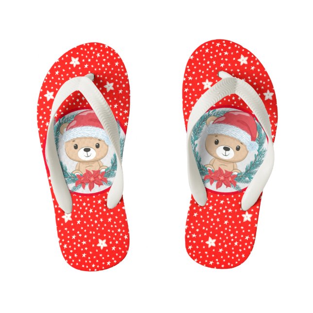 Niedlicher Teddy Bär Rot und Weiße Sterne Weihnach Kinderbadesandalen (Fußbett)