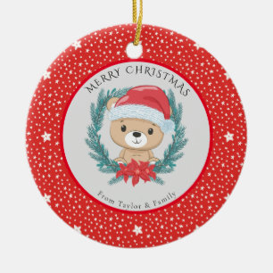 Niedlicher Teddy Bär Rote weiße Sterne Frohe Weihn Keramik Ornament