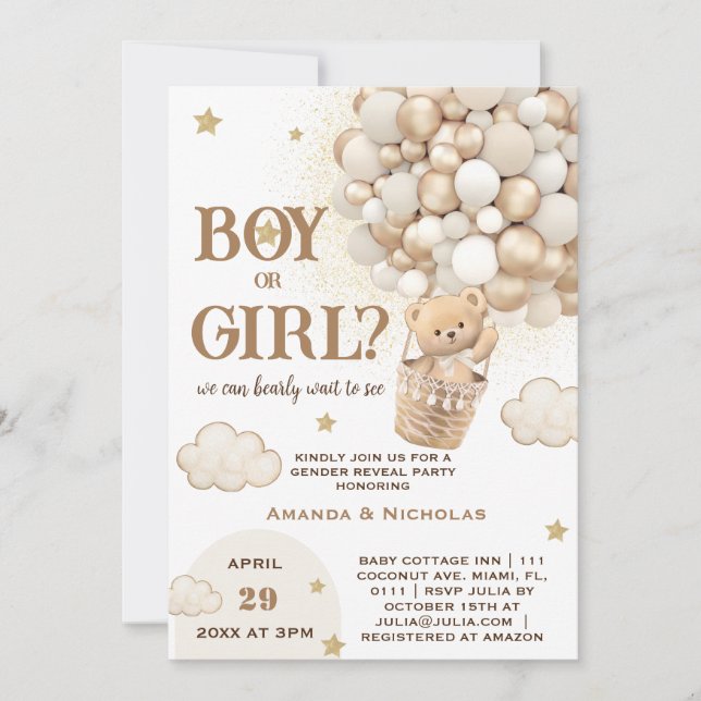 Niedlicher Teddy Bär White Beige Gold Gender-Beric Einladung (Vorderseite)