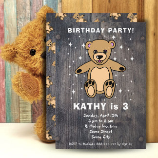Niedlicher Teddy Bar Zeichnend Wood Boy Girl Gebur Einladung