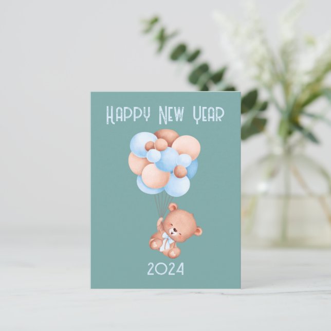 Niedlicher Teddy Bären Ballon Neujahr Graugrün Postkarte (Stehend Vorderseite)
