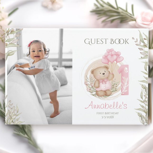 Niedlicher Teddy Bear 1. Geburtstag Foto Gästebuch (Cute Teddy Bear 1st Birthday Photo Guest Book)