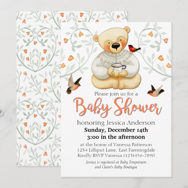 Niedlicher Teddy Bear and Hearts Baby Dusche Einladung (Vorne/Hinten)