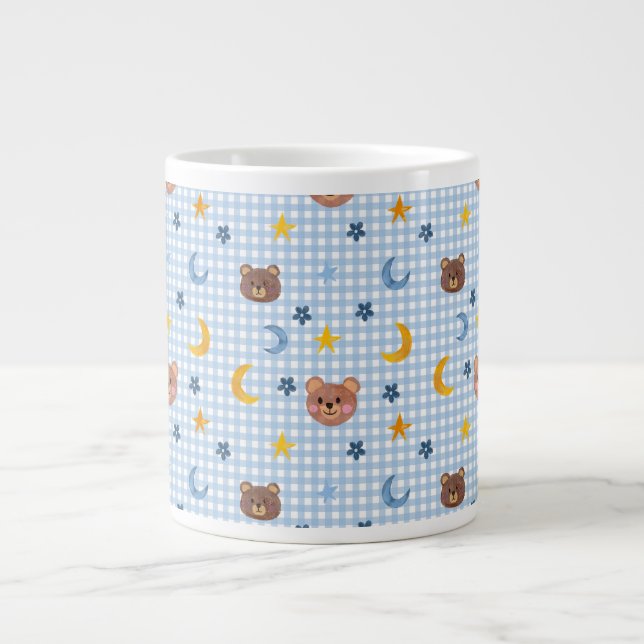 Niedlicher Teddy Bear and Moon Pattern auf Blue Gi Jumbo-Tasse (Vorderseite)