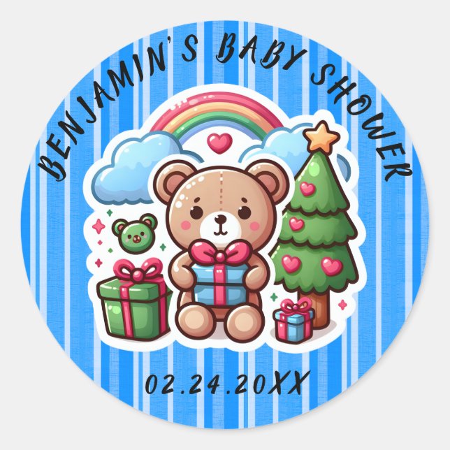 Niedlicher Teddy Bear Baby Shower Klassischer Roun Runder Aufkleber (Vorderseite)