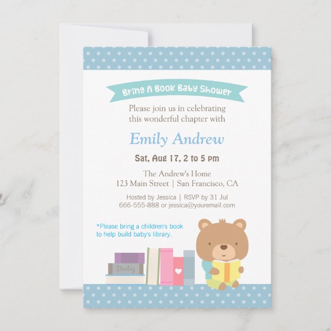 Niedlicher Teddy Bear Blue Polka Dots Book Baby Du Einladung (Vorderseite)