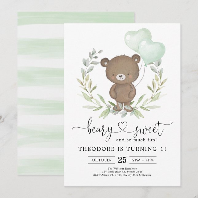Niedlicher Teddy Bear Geburtstag Boy Greenery Ball Einladung (Vorne/Hinten)