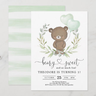 Niedlicher Teddy Bear Geburtstag Boy Greenery Ball Einladung