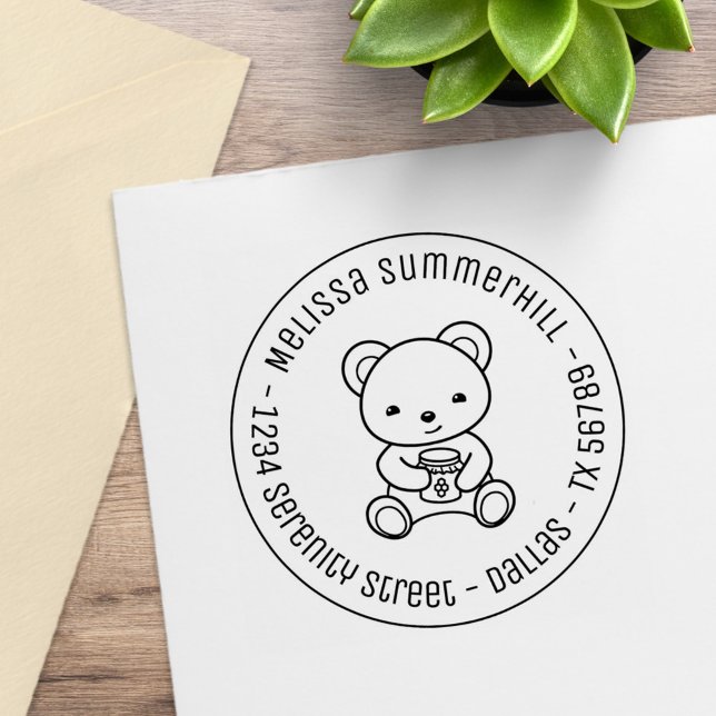 Niedlicher Teddy Bear mit Honey Jar Round Address Gummistempel (Von Creator hochgeladen)