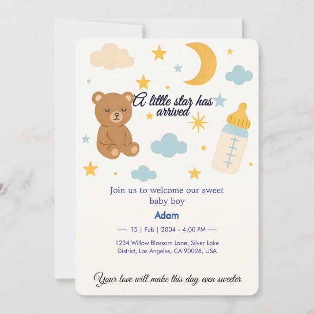 Niedlicher Teddy Bear & Moon Baby Boy Anreise Einl Einladung (Vorderseite)
