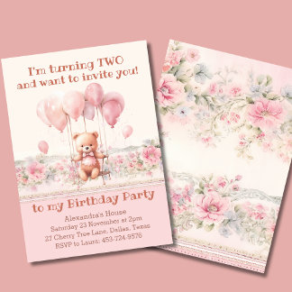 Niedlicher Teddy Bear Pink Balloons Girl 2. Geburt Einladung