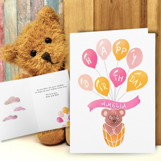 Niedlicher Teddy Bear Pink Balloons Girl Geburtsta Karte (Von Creator hochgeladen)