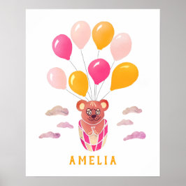 Niedlicher Teddy Bear Pink Balloons Kid Name Poste Poster