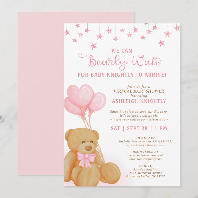 Niedlicher Teddy Bear Pink Balloons Virtual Baby D Einladung (Vorne/Hinten)