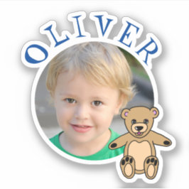 Niedlicher Teddy Bear Round Frame Name und Foto Ki Aufkleber