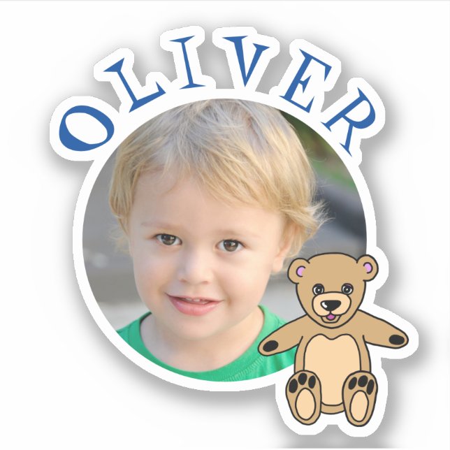 Niedlicher Teddy Bear Round Frame Name und Foto Ki Aufkleber (Vorderseite)