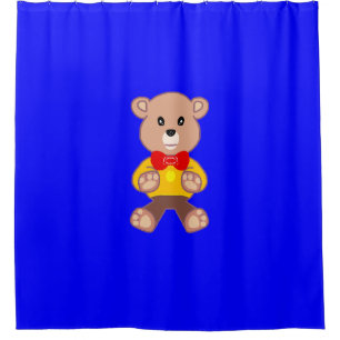 Niedlicher Teddybär am Blauen Duschvorhang