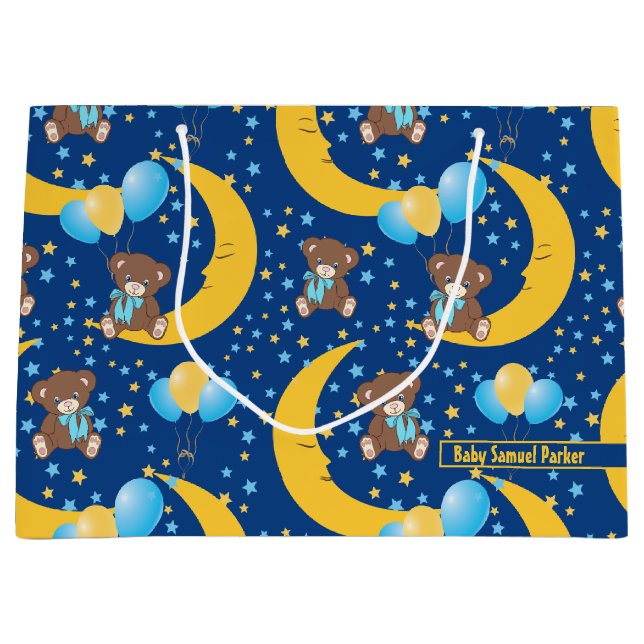 Niedlicher Teddybär auf dem Mondmuster Große Geschenktüte (Vorderseite)