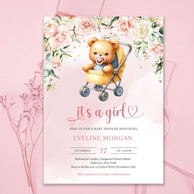 Niedlicher Teddybär, Baby-Blumenbaby Einladung (Cute teddy bear girl in baby stroller and pink roses flowers invitation)