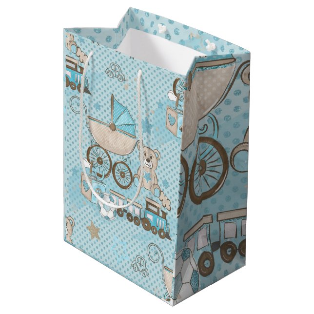 Niedlicher Teddybär, Baby-Dusche blau Mittlere Geschenktüte (Rückseite Schrägansicht)