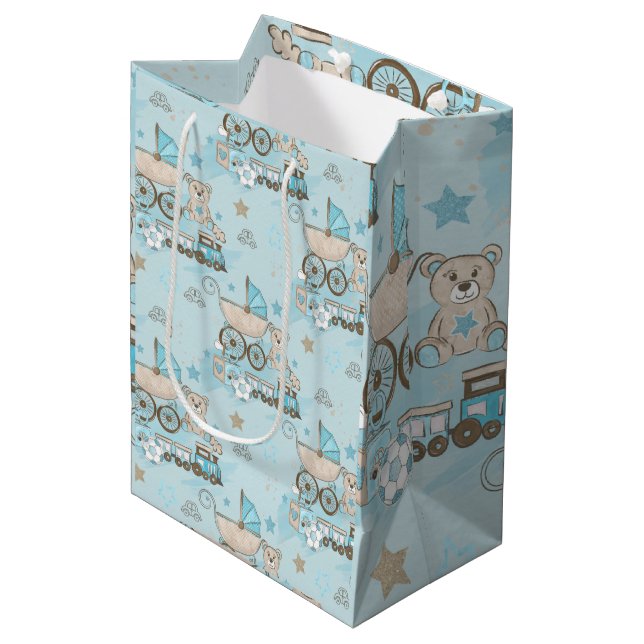 Niedlicher Teddybär, Baby-Dusche blau Mittlere Geschenktüte (Vorderseite Schrägansicht)