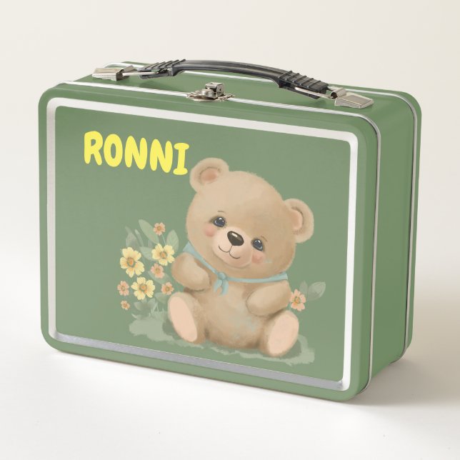 niedlicher Teddybär bei Blume Metall Brotdose (Vorderseite)
