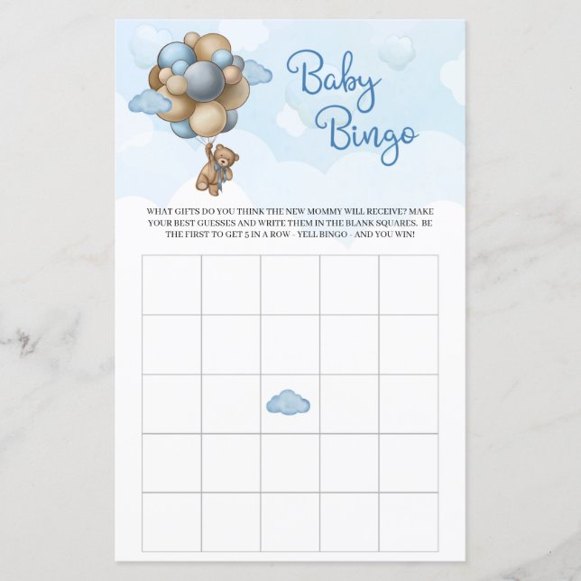Niedlicher Teddybär blaubraune Ballons Baby Bingo (Vorderseite)
