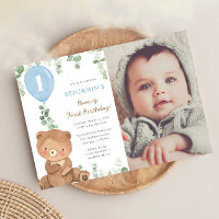 Niedlicher Teddybär blaue Ballons 1. Geburtstagsju