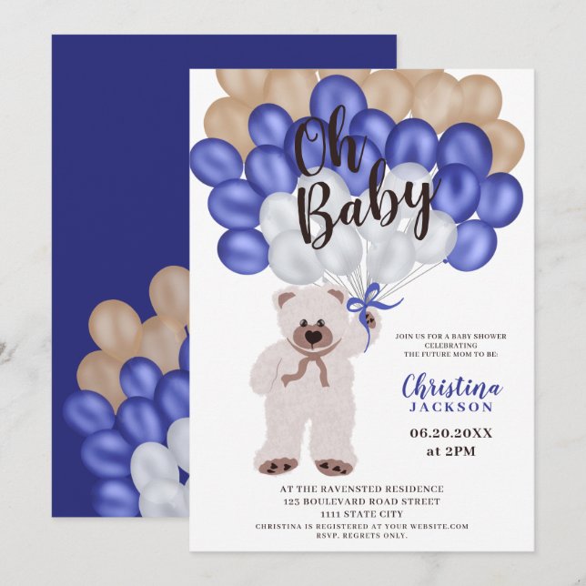 Niedlicher Teddybär blaue Ballons Babydusche Einladung (Vorne/Hinten)