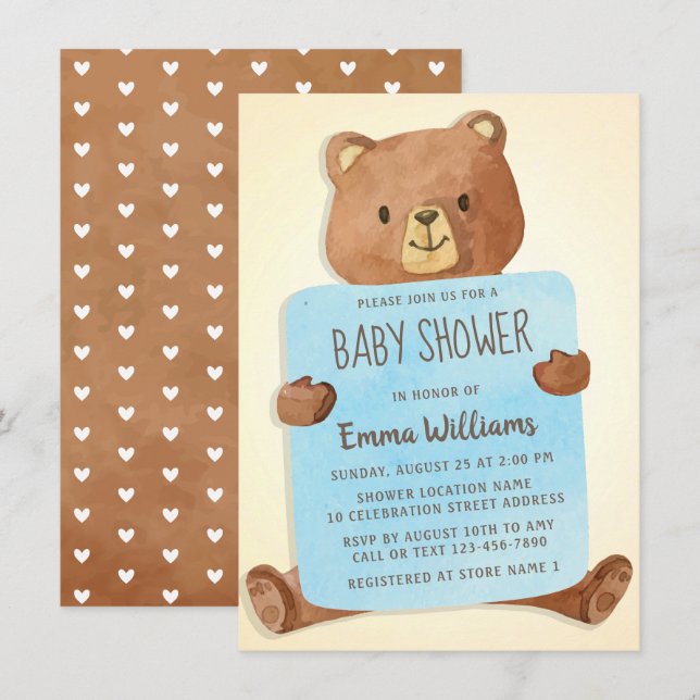 Niedlicher Teddybär | Boy Baby Dusche Einladung (Vorne/Hinten)