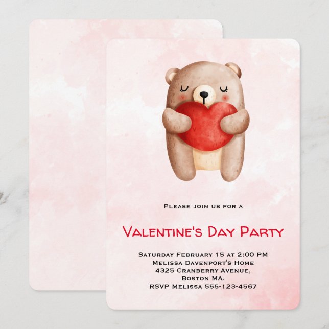 Niedlicher Teddybär, der ein Valentinisches Rotes  Einladung (Vorne/Hinten)