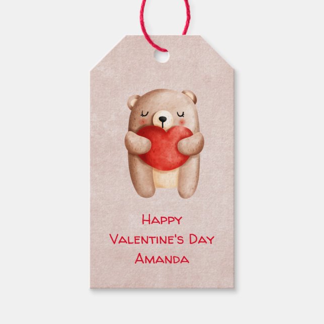 Niedlicher Teddybär, der ein Valentinisches Rotes  Geschenkanhänger (Vorderseite)