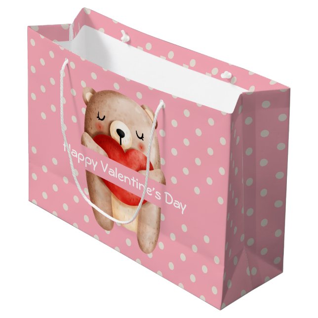 Niedlicher Teddybär, der ein Valentinisches Rotes  Große Geschenktüte (Vorderseite Schrägansicht)