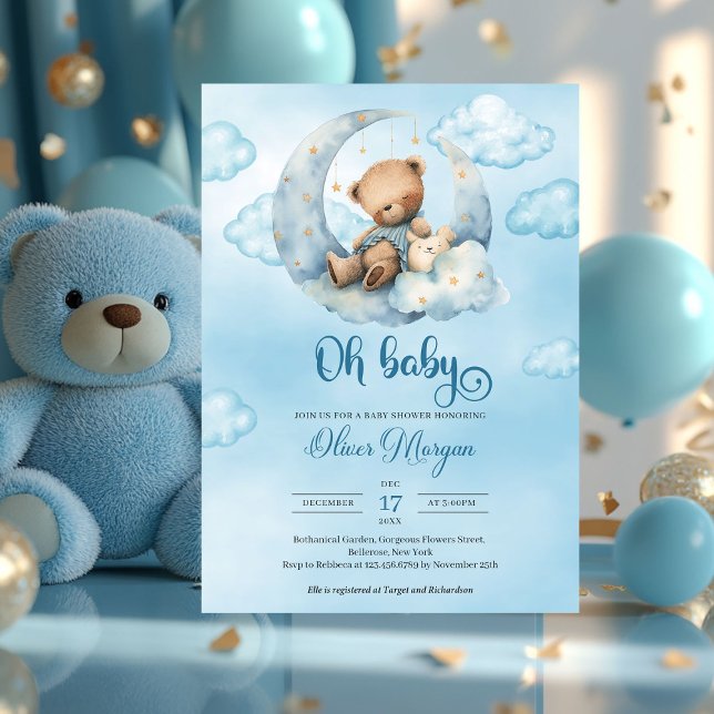 Niedlicher Teddybär, der über dem Mond schläft Einladung (oh baby - boy baby shower invitation with teddy bear)