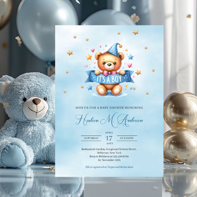 Niedlicher Teddybär, ein Baby-Duschkopf Einladung (it's a boy baby shower invitation with teddy bear)