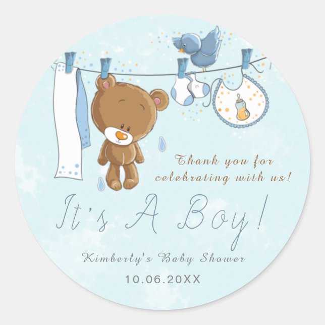 Niedlicher Teddybär Es ist ein Boy Blue Danke Runder Aufkleber (Vorderseite)