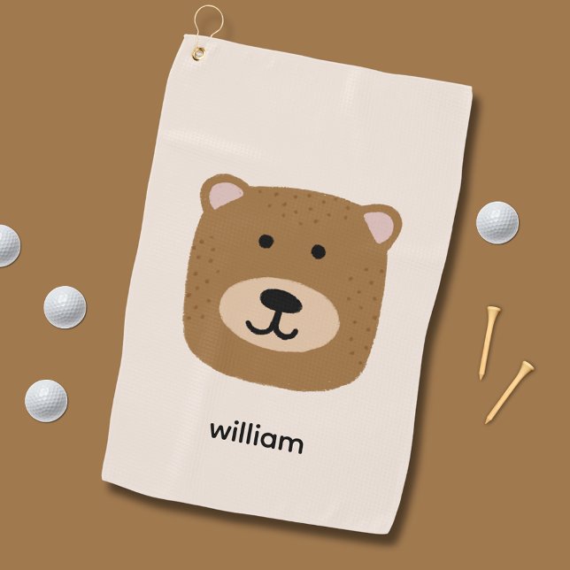 Niedlicher Teddybär Golfhandtuch (Cute brown bear golf towel.  Customize with your own name, initials or choice of text.)