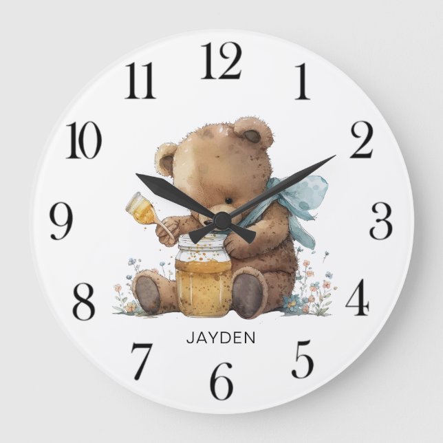 Niedlicher Teddybär Honigtopf Große Wanduhr (Vorderseite)