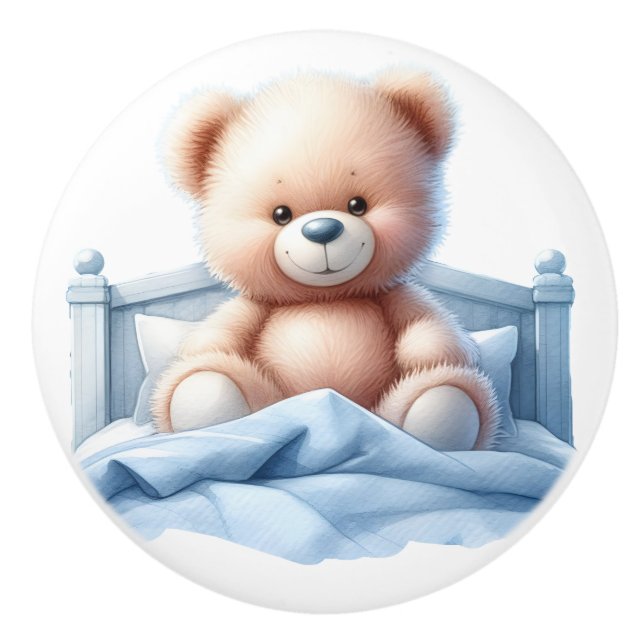 Niedlicher Teddybär im Bett, Kindermöbel, Schlafzi Keramikknauf (Vorderseite)