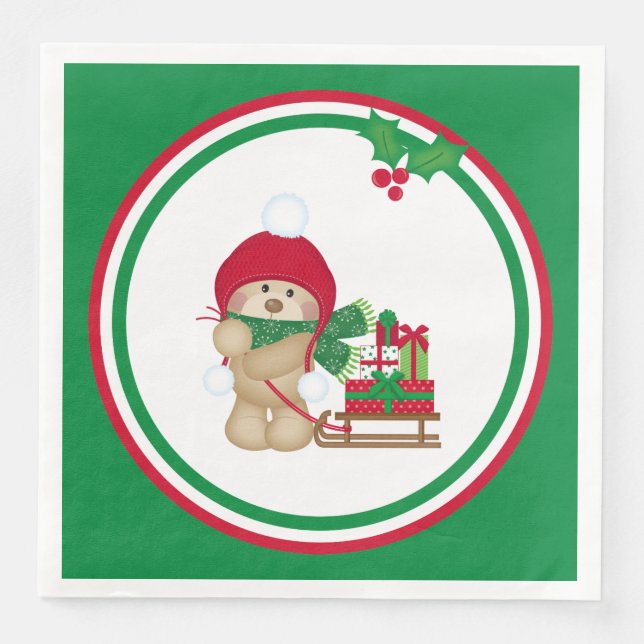 Niedlicher Teddybär im Winter Hat Schlitten von Ge Serviette (Vorderseite)